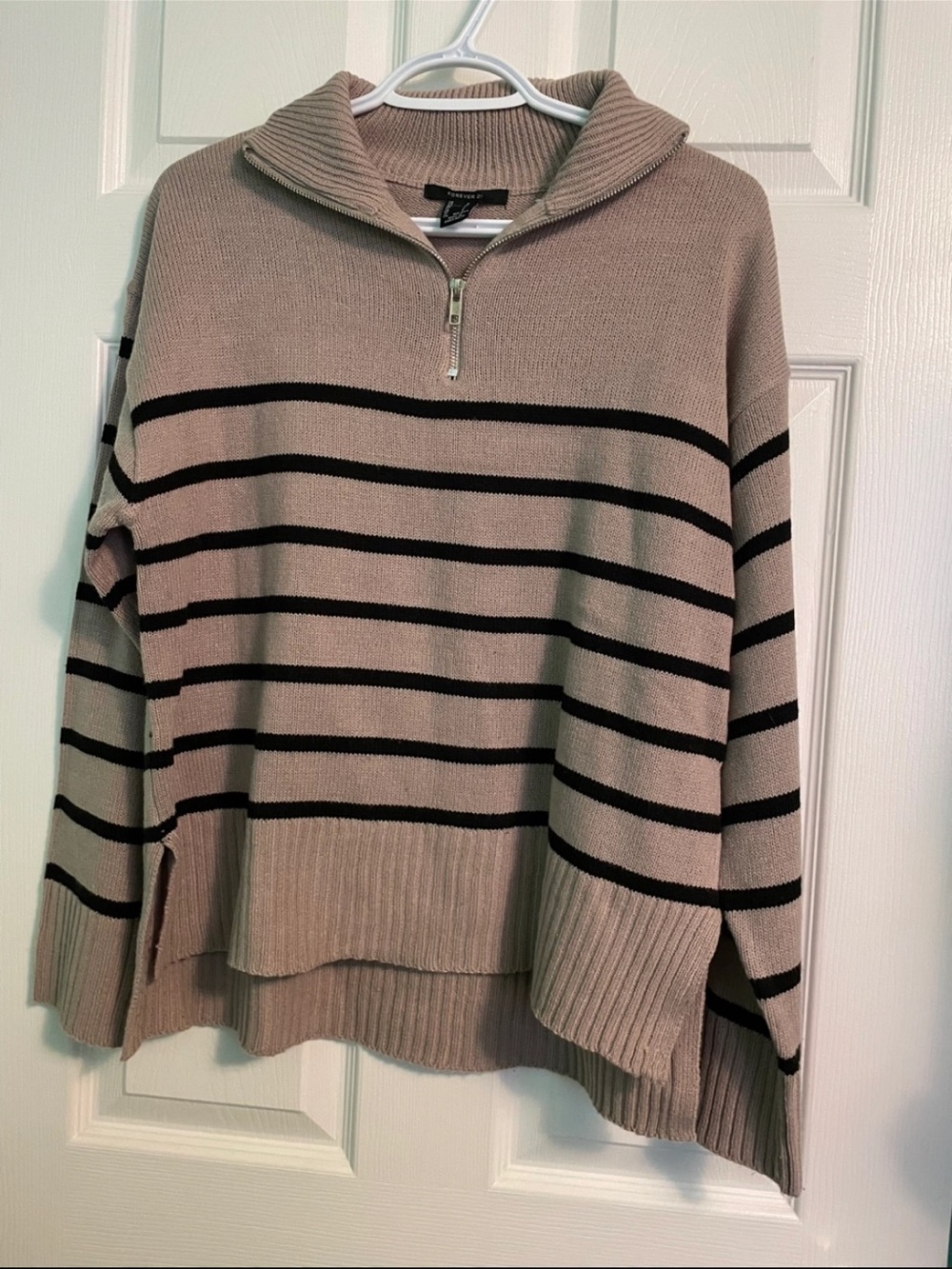Forever 21 Striped Half-Zip Pullover Sweater in Taupe and Black
